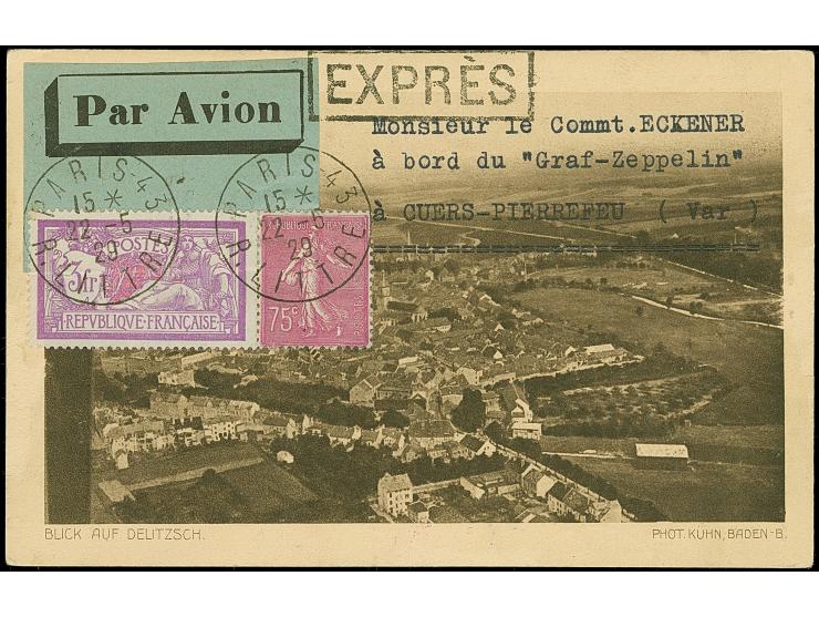1929, 1. Amerikafahrt, Rückfahrt von Curs, Postkarte mit Frankreich 2 Fr. und Poststempel “PARIS 22.5.29” zugeleitet an das L