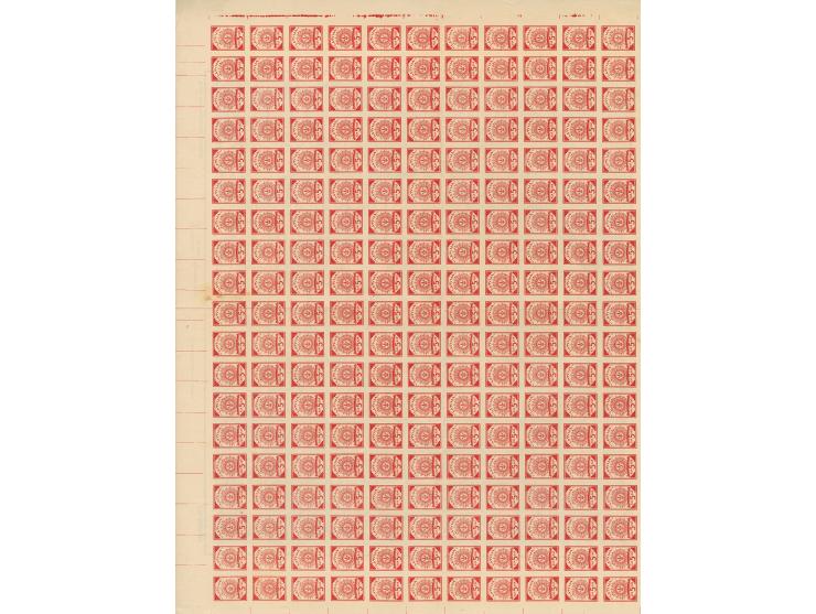 1919, Ear of corn 10 kopek red, imperforated, complete sheet on map J16 Szkudy, mint never hinged, folded once vertically and
