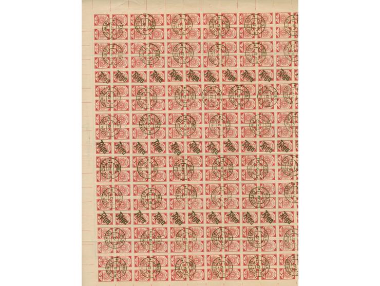 1919, Ear of corn 10 kopek red, imperforated, complete sheet on map S18 Illukßt, used with straight-line “Riga” and cds. “RIG