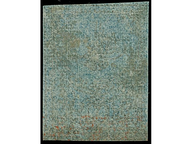 1862, Tughra first printing, 2 pia. black on thin deep blue paper, unused, A. Garmiryan plate flaw 2A, uncommonly large margi