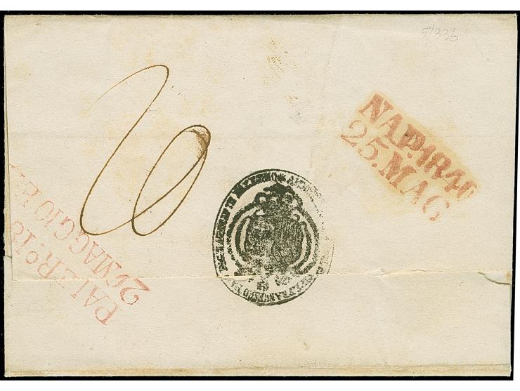 1840, "STAFFETTA", oval handstamp in red, with adjacent "FRANCA" on letter sheet from Palermo to Naples, with red dispatch- a