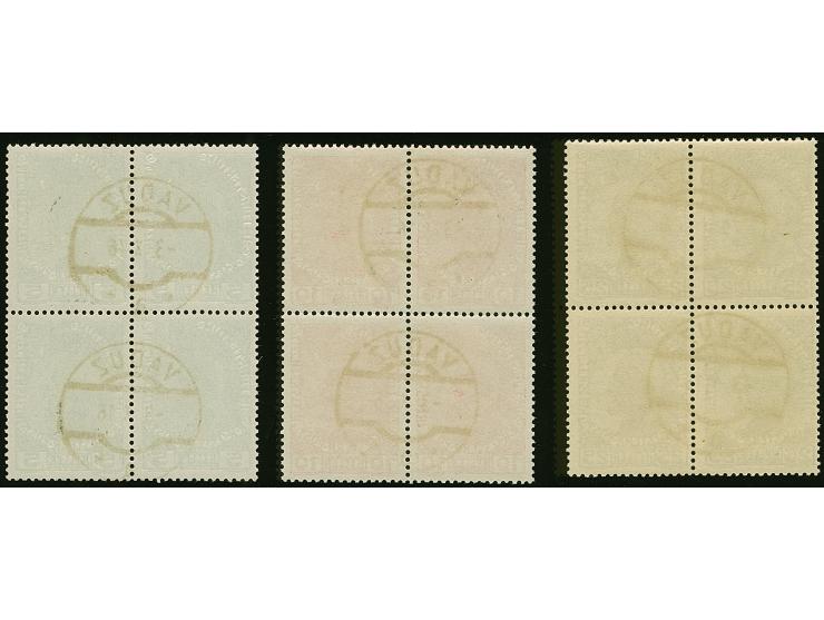 1912, Fürst Johann II. 5-25 H. mittelultramarin auf normalem Papier im kpl. Viererblock-Satz jeweils mit zwei klaren Stempeln