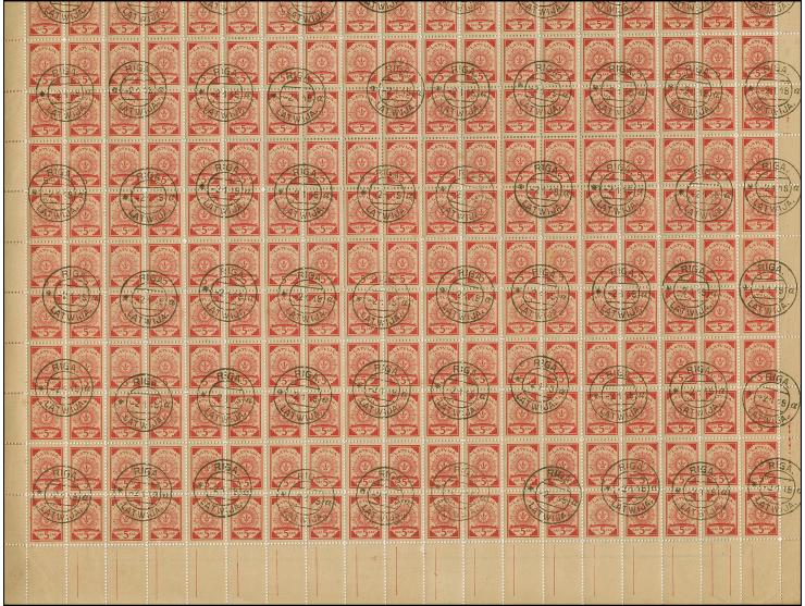 1919, Ear of corn 10 kopek red, perforated, complete sheet on map R19 Uschpol, used with cds. “RIGA -2 1 19”, some minor perf