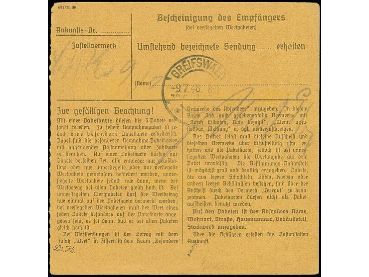“20/Halle” auf Arbeiter 84 Pfg. mit Stempel “HALLE 6.7.48” auf Paketkart mit Anker-Paket-Postfreistempel “6.JUL.48…Halle a.S.