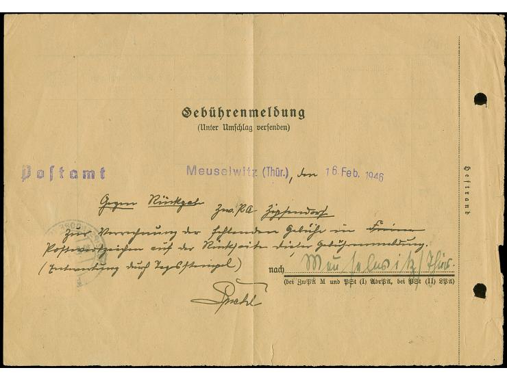 1945, Johann Wolfgang von Goethe 20 Pfg. gezähnt mit Stempel “ZIPSENDORF 18.2.46” auf Gebührenmeldung für eine unterfrankiert