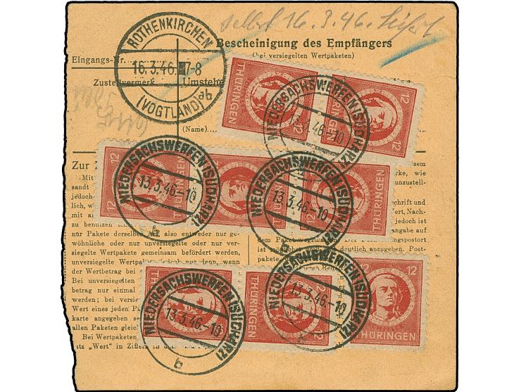 1945, 12 Pfg. dunkelbräunlichrot, 10 Stück mit Stempel "NIEDERSACHSENWERFEN (SÜDHARZ) 13.3.46” als tarifgerechte Mehrfachfran