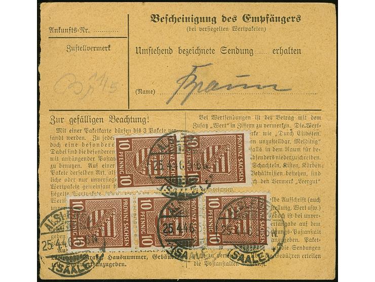 1945, Wappen 10 Pfg., 8 Stück mit Stempel “ALSEBEN 25.4..46" als portogerechte Mehrfachfrankatur vorder- und rückseitig auf P