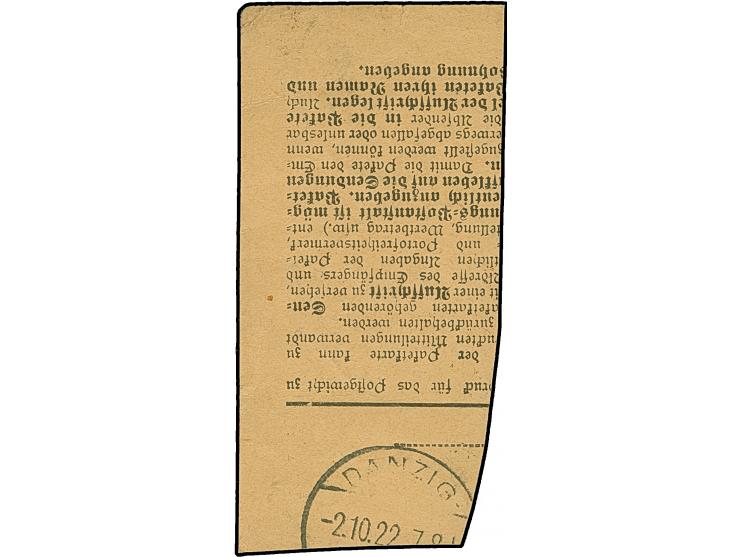 1922, Staatswappen 3 Mark lilarot, senkrechtes Paar, die untere Marke auf geklebter Papierbahn, sauber mit Stempel “TIEGENHOF