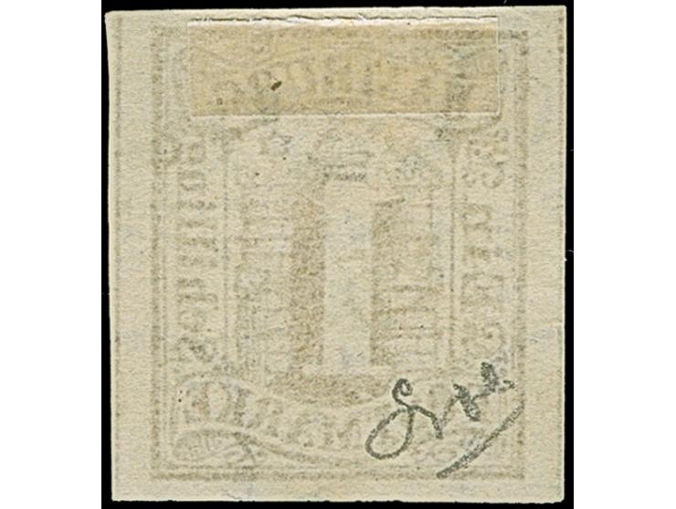 1 Sch. braun, voll- bis breitrandig mit leicht und sauber aufgesetztem Ortsstempel. Kleine Einschränkungen. Fotoattest Dr. Mo