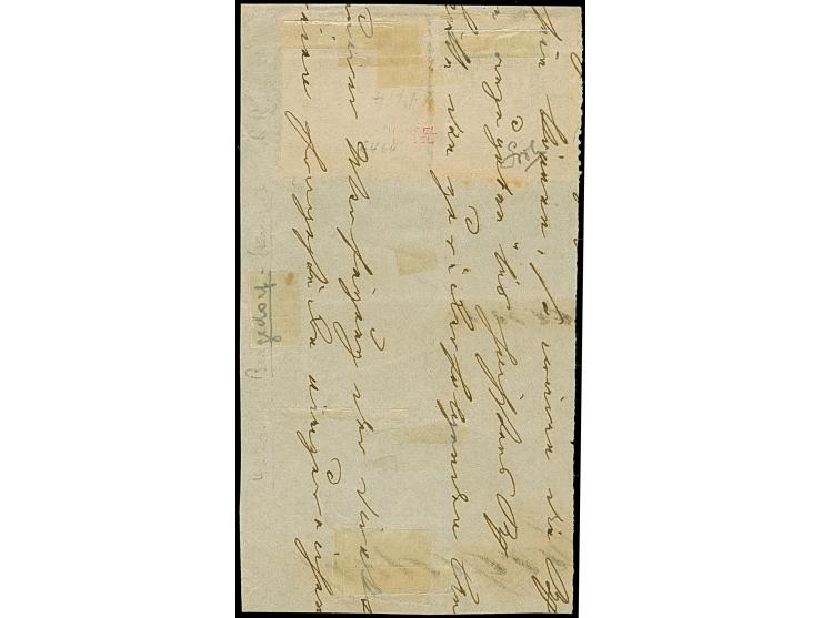 ½ Sch. schwarz, waagerechtes Paar mit jeweils sauber aufgesetztem Strichstempel auf größerem Briefstück (gelöst und replazier