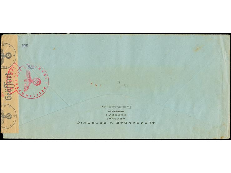 1942, Flugpost 4 auf 4 Dinar, waagerechter Dreierstreifen mit Zufrankatur mit Stempel “BEOGRAD -6.VIII.42” auf großformatigem