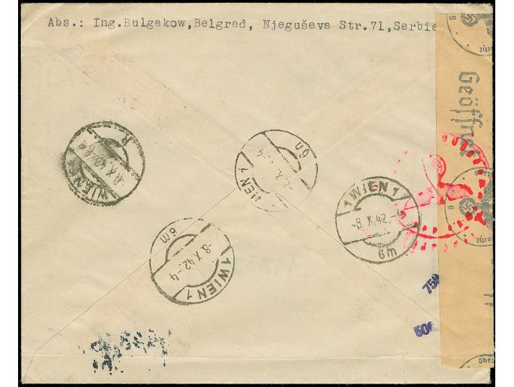 1942, Flugpost 20 auf 30 Dinar mit Zufrankatur mit Stempel “BEOGRAD 5.X.42” auf portogerechtem Eil-R-Brief, per Luftpost nach