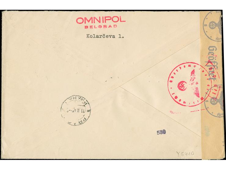 1942, Flugpost 14 auf 20 Dinar, sauber mit auf- und nebengesetztem Stempel “BEOGRAD 3.II.43” auf Luftpost-R-Brief mit Zensurs