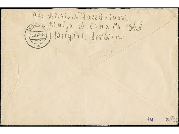 1941, König Peter II. 6 Dinar, waagerechter Dreierstreifen, sauber mit Stempel “BEOGRAD 10.IX.42” auf portogerechtem Auslands