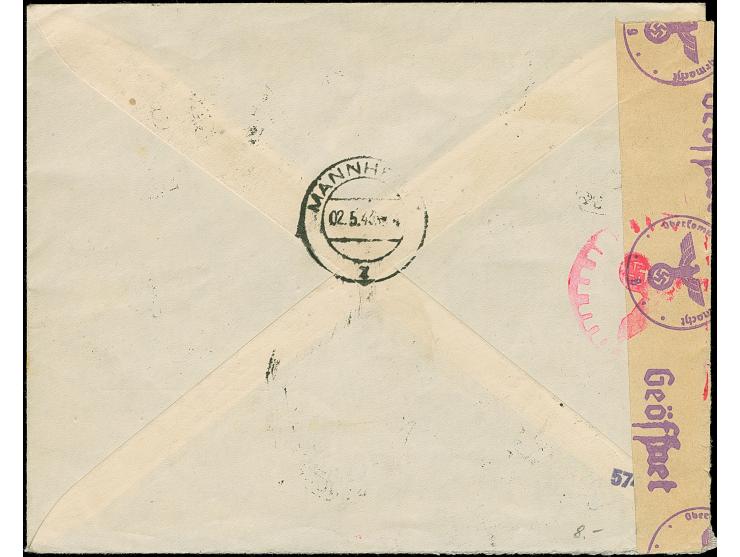 1941, König Peter II. 16 und 5 sowie 0,50 Dinar mit Zufrankatur mit Stempel “BEOGRAD 21.IV.43” auf R-Brief mit Zensurstreifen