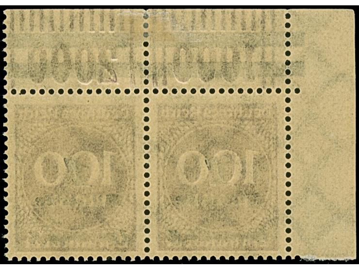 1 Mrd. auf 100 M. violettpurpur, OPD München, Walze "2'9'2" und "1'11'1" mit zwei dünne Balken, waagerechtes Paar aus der lin