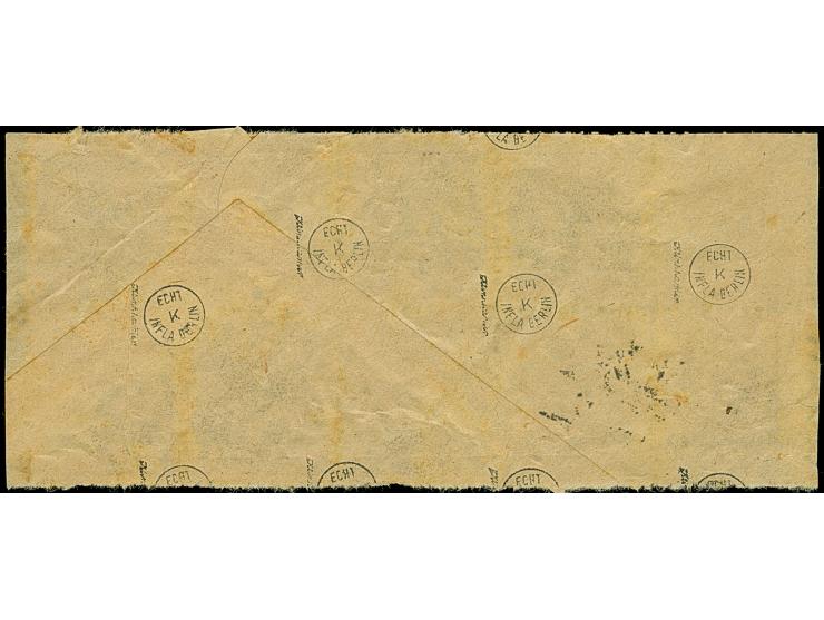 1923, 4 Mrd. auf 50 Pfg., karmin, waagerechter 10er-Block, mit EKr. “URACH (WÜRTT)” 1 DEZ 23 auf Briefstück, die Marken etwas