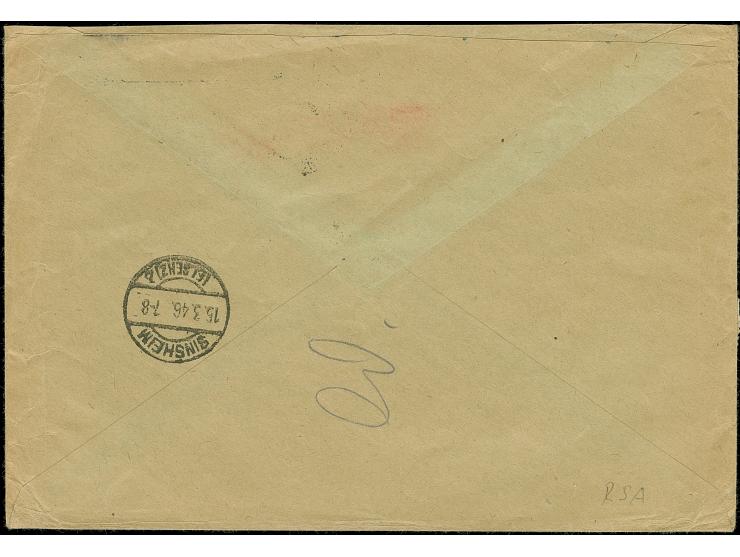 1945, Wappen 15 Pfg. mit Wasserzeichen 1 X im waagerechten Paar, mit Zufrankatur Wappen 24 Pfg., auf portogerechtem R-Fernbri