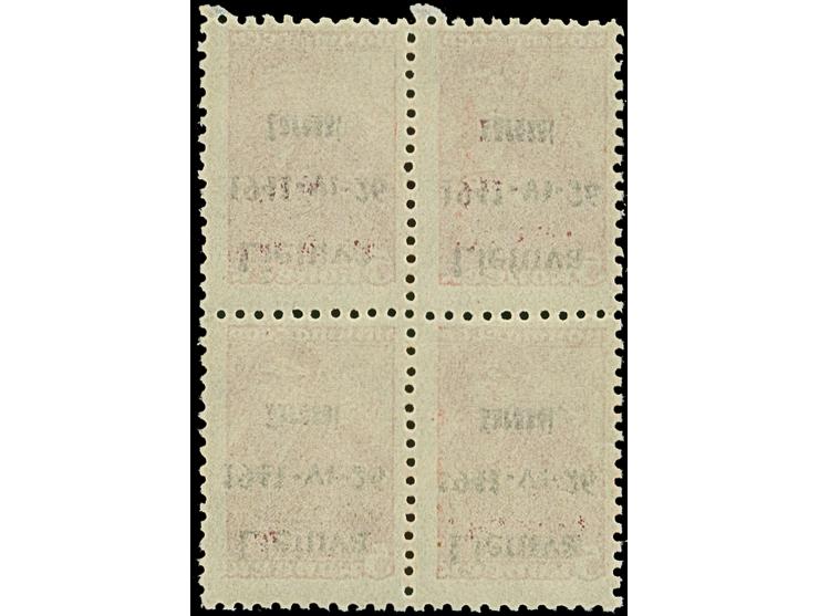 1941, 5 K. dunkelbräunlichrot, braunlila, kopfstehender Aufdruck, Viererblock mit Aufdruck von den Druckfeldern 33-34 und 43-