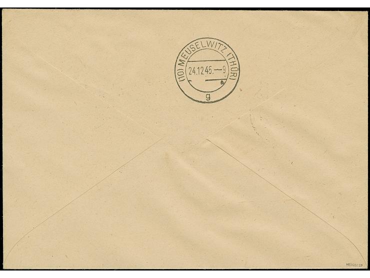 1945, Antifa-Block auf gelbgrauem Papier, mit Zufrankatur auf überfrankiertem Orts-R-Brief von “MEUSELWITZ 24.12.45”. Einwand