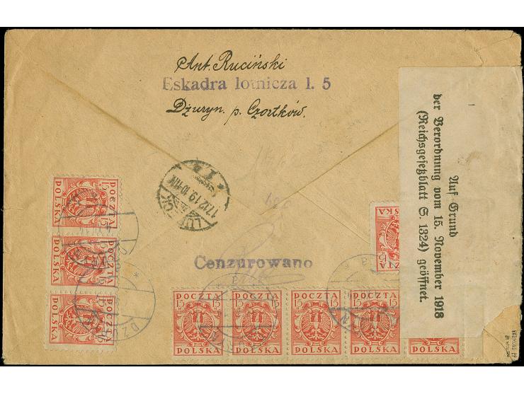1919, Coat of arms 15 f. red, horizontal strip of five, of three, two horizontal pairs and single, tied by cds. “DZURYN 4 XII