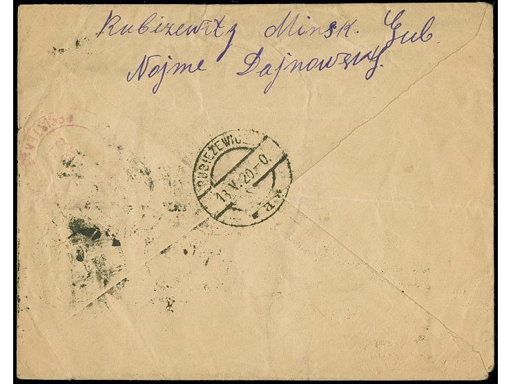 1919, Grain store and sheaves 1 m., two singles tied by cds. “RUBIEZEWICZE 10.V.20” to registered cover with provisional r-la