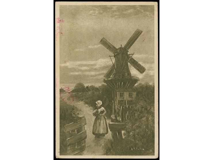 1920, field postcard from the camp for returning Hungarian prisoners of war in Pinsk with violet cachet “tacja przyjęć powrac