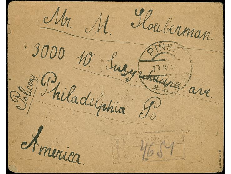 1919, Sejm 1 m. violett with additional franking, tied by cds. “PINSK 19.IV.20” to reverse of registered cover to Philadelphi