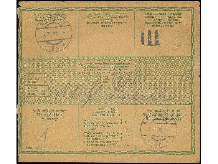 1918, Austrian Coat of Arms 40 h. tied by cds. “PROBUZUNA 1.11.1918” to parcel card to Przemysl with arrival mark, minor tran