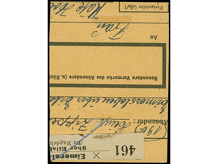 “29/(Eimersleben)Eilsleben a” in violett &nbsp;auf 4 Werten 60 Pfg. braun, auf Paketkartenausschnitt (rückseitige Frankatur e