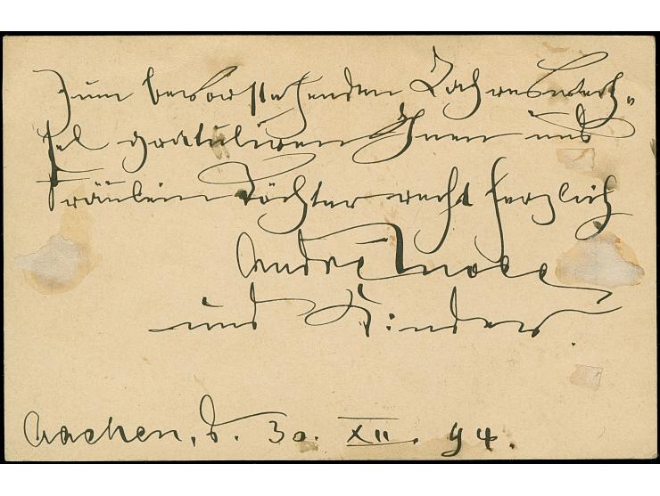 Aachen-Merkur: 1895, Ganzsachenkarte 3 Pfg. schwarz mit violettem Stempel “PROSIT NEUJAHR AACHEN 1.JAN.1895” und Text mit Dat