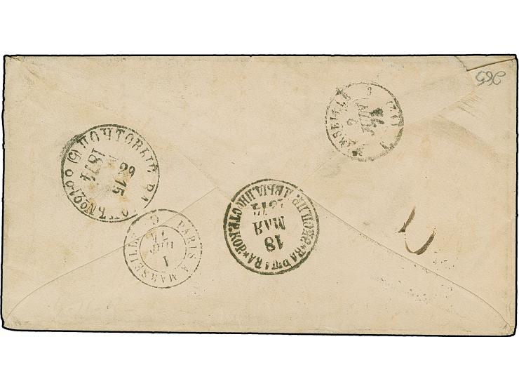 10 k. brown/blue, two singles tied by cds “ODESSA 15 MAY. 1874” to 2nd weight step envelope to Marseilles, underfranked by 6 
