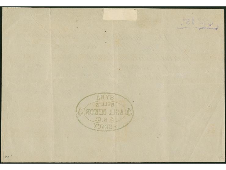 1883, BELL'S ASIA MINOR S.S.Co SYRA AGENCY blue oval cachet on agents bill, vertical file fold, very fine and attractive stea