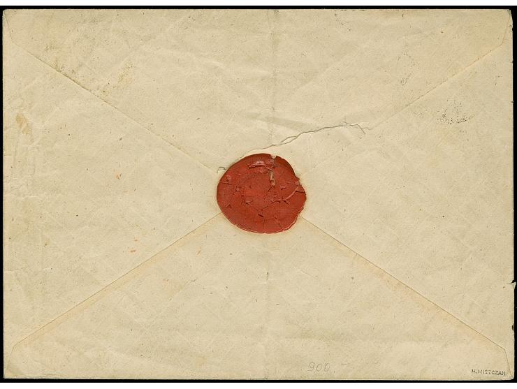 1860, Postal stationery envelope 10 k. black, neatly used with four-ring numeral “1”, red departure cds “VARSAW 26 2” alongsi