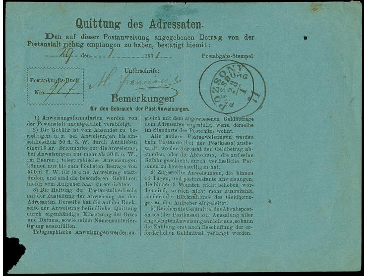 1871, Austria Franz Joseph 10 kr. blue tied by cds. "IHUROCZSZ.MARTON 26.1. to complete money order to Preßburg with arrival 