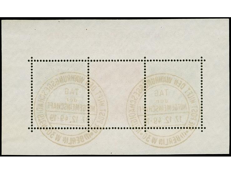 1949, Währungsgeschädigten-Block mit Ersttag-Sonderstempel “BERLIN W30 TAG DER NOTNOTGEMEINSCHAFT 17.12.49-19”, tadellos, Fot
