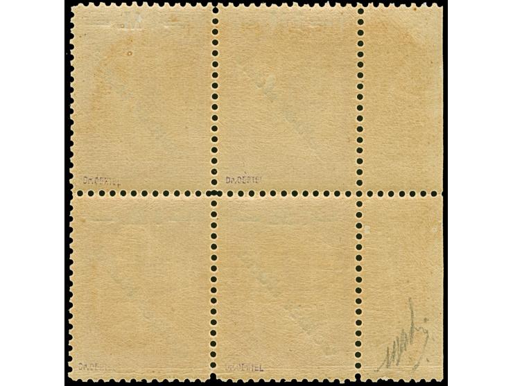 Gelber Hund 1 M. im Viererblock vom linken Bogenrand, farbfrisch und sehr gut gezähnt, die oberen Werte ungebraucht (winzige 