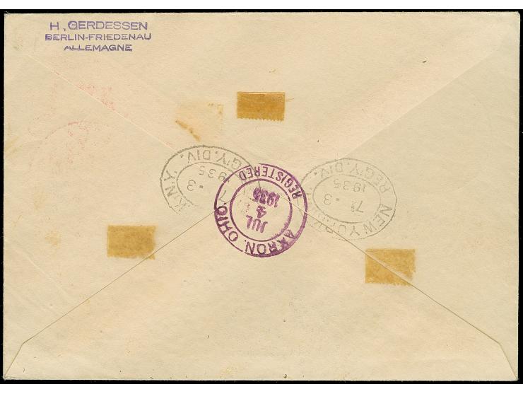 1935. D. Bremen 3.7., R-Brief mit u.a. OSTROPA-Block mit Sonderstempel “KÖNIGSBERG 26.6.35” &nbsp;via New York nach Akron mit