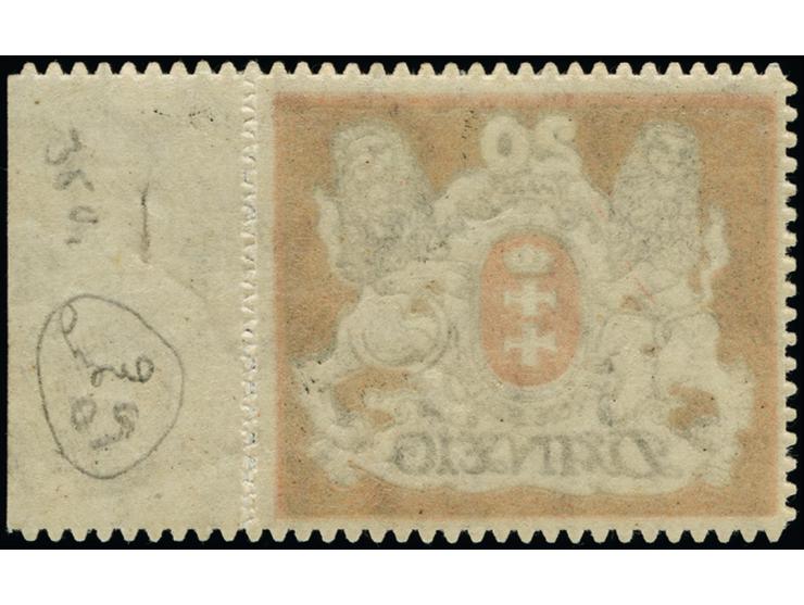 1921, Großes Staatswappen 20 M., Probedrucke auf Papier mit stehendem Wasserzeichen und violettem Rosettenunterdruck, reches 