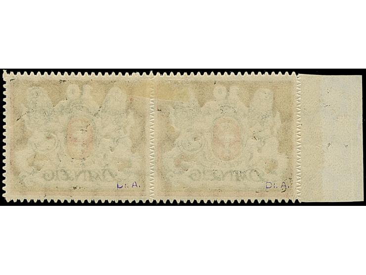 1921, Großes Staatswappen 10 M.grau/rot im waagerechten Seitenrandpaar, Probedruck ohne Rosettenunterdruck auf gummiertem Pap