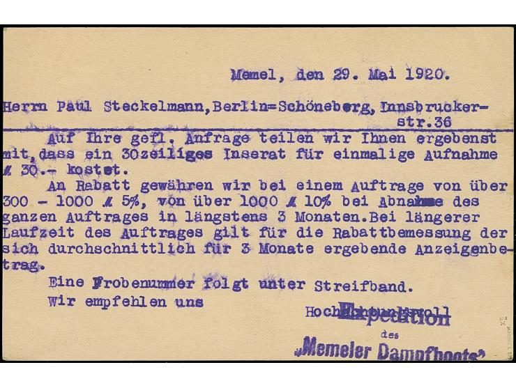 1920, Germania 30 Pfg. mit Stempel “MEMEL 29.5.20” auf Postkarte mit violettem Zensur-R1 "M.P.K" nach Berlin, Karte mit klein