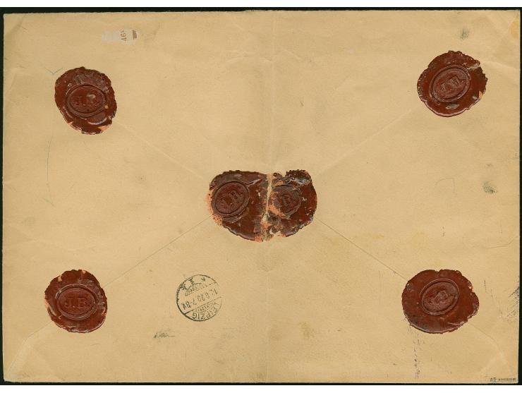 1915, 5 M. im waagerechten 4er-Streifen (etwas angetrennt), zusammen mit 3 M. und Germania 10 Pfg. auf um 1 Mark unterfrankie