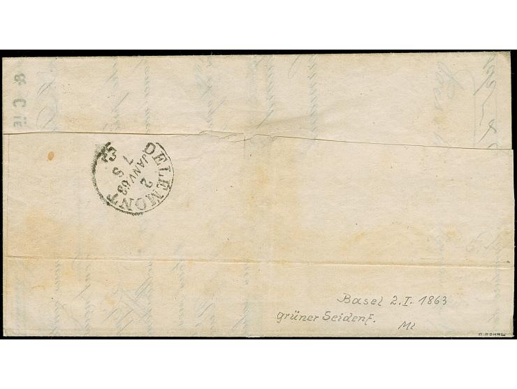 1862, 2 Rp. grau, farbfrisch und voll- bis sehr breitrandig, klar und übergehend gestempelt mit DKr. “BASEL 2 1 63” auf Druck