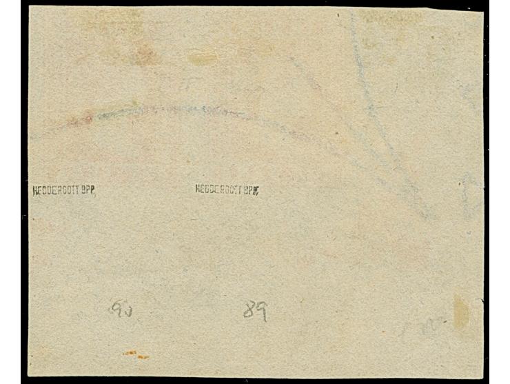 1854/55, Die II, 1 a. deep red, horizontal pair from the lower left sheet corner with ornament and small part of marginal ins