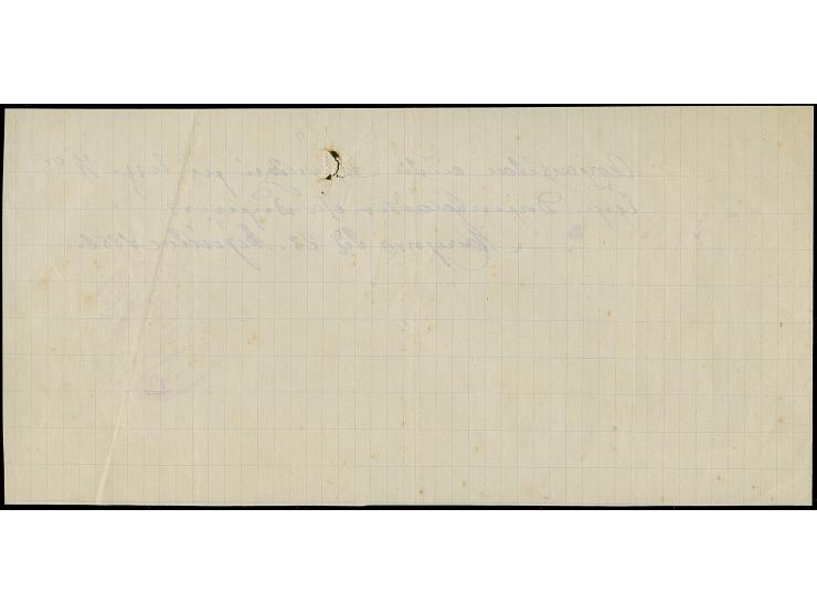 1882, Receipt showing violet circle "G.O. JOLY COURMOULI VICTORIA &amp; CO / METELIN" seal mark, vertical crease and tiny fla