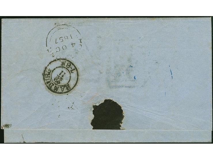 1857, “PAID AT HONG KONG” small crowned red cds (Webb type 11) and reverse “HONG KONG 4 OC 1857” (Webb type 7) on entire lett