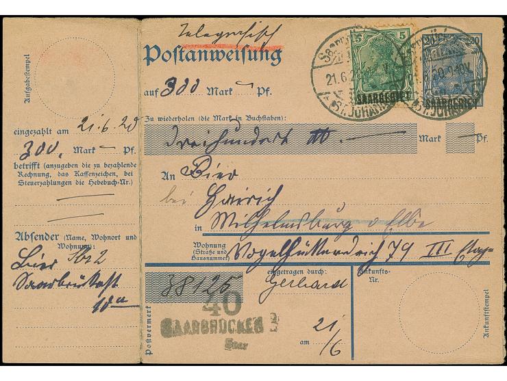 1920, 50 Pfg. im senkrechten Paar, 20 Pfg. und zwei Einzelmarken 5 Pfg. jeweils mit Stempel “Saarbrücken 3 (St. JOHANN) 21.6.