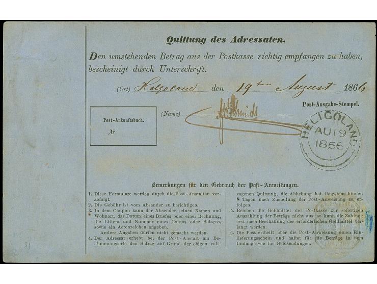 1866, Postanweisung 4 Sch. grün, mit nebengesetztem blauen Aufgabestempel "HAMBURG ST.P. 17.8.66" nach Helgoland mit Auszahlu