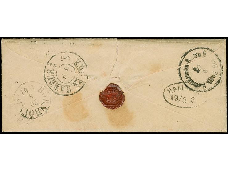 1853, "HELGOLAND." klarer Abschlag des Hamburger L1 auf Briefkuvert mit vollem Inhalt via Hamburg mit mit dänischem DKr. “K.D