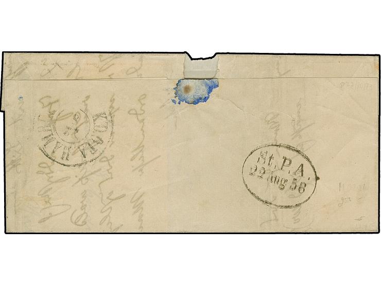 1853, "HELGOLAND." klarer Abschlag des Hamburger L1 auf Faltbriefhülle mit dänischem DKr. “K.D.O.P. HAMBURG 22/8” nach Kiel, 